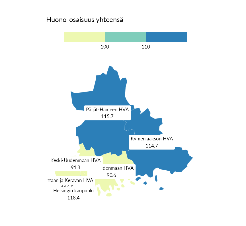 Karttoja ja aikasarjakuvioita huono-osaisuuden eri osoittimista