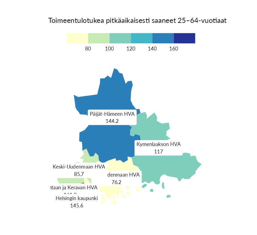 Karttoja ja aikasarjakuvioita huono-osaisuuden eri osoittimista