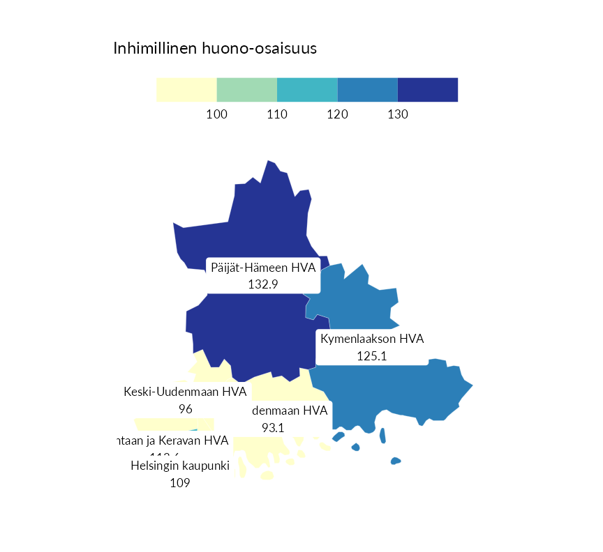 Karttoja ja aikasarjakuvioita huono-osaisuuden eri osoittimista