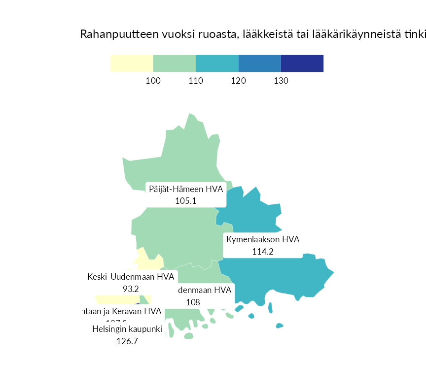 Karttoja ja aikasarjakuvioita huono-osaisuuden eri osoittimista