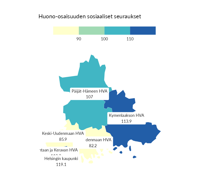 Karttoja ja aikasarjakuvioita huono-osaisuuden eri osoittimista
