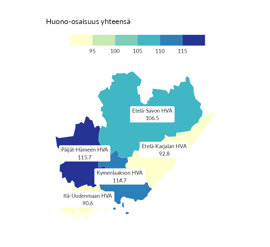 Karttoja ja aikasarjakuvioita huono-osaisuuden eri osoittimista