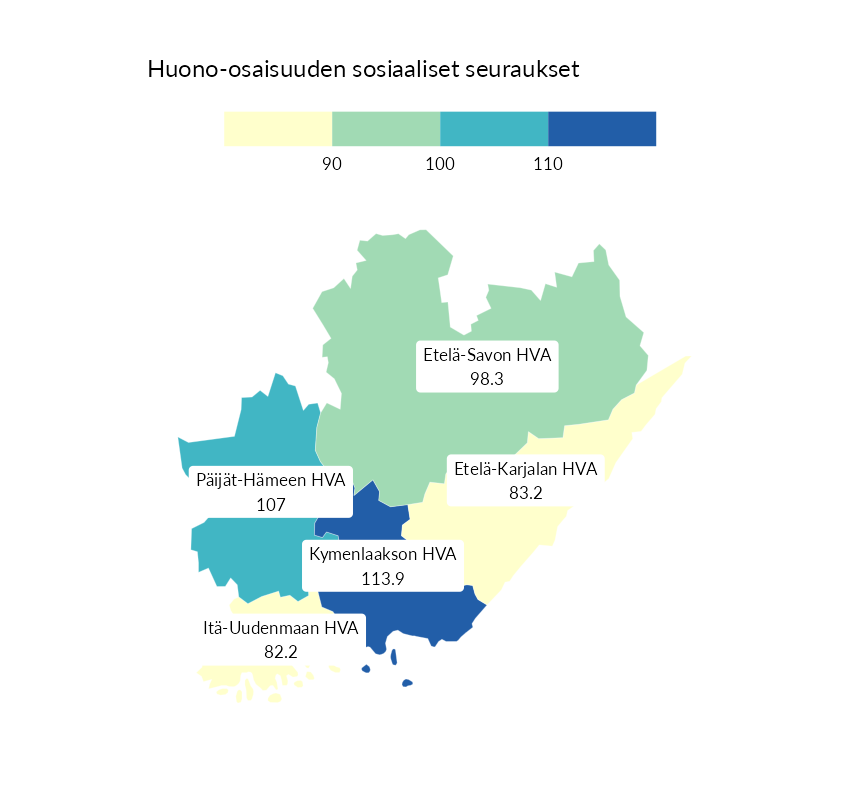 Karttoja ja aikasarjakuvioita huono-osaisuuden eri osoittimista