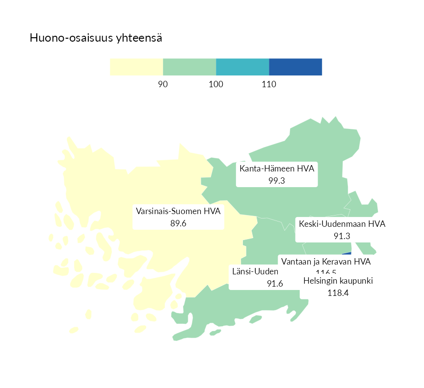 Karttoja ja aikasarjakuvioita huono-osaisuuden eri osoittimista