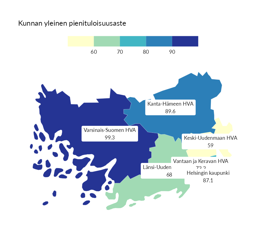 Karttoja ja aikasarjakuvioita huono-osaisuuden eri osoittimista