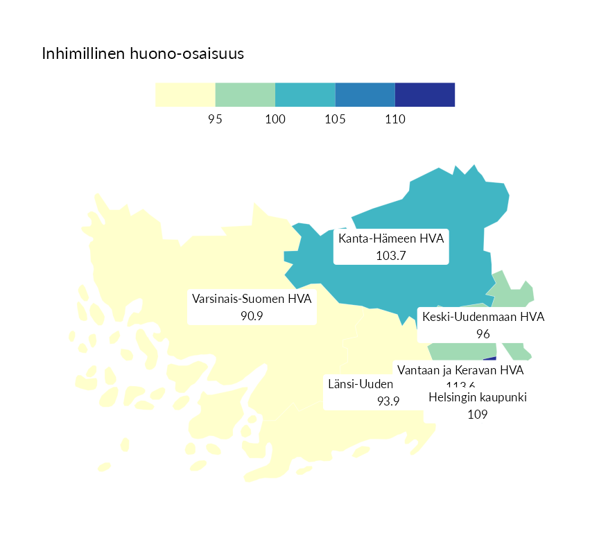 Karttoja ja aikasarjakuvioita huono-osaisuuden eri osoittimista