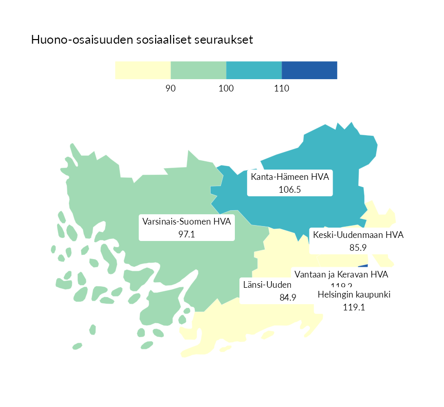 Karttoja ja aikasarjakuvioita huono-osaisuuden eri osoittimista
