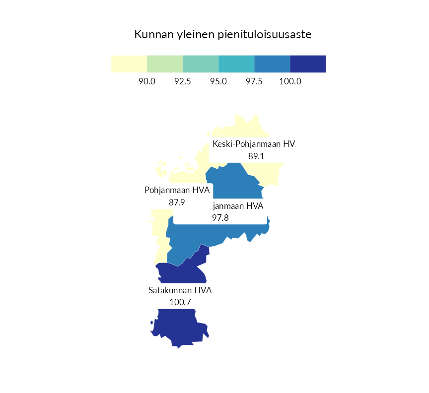 Karttoja ja aikasarjakuvioita huono-osaisuuden eri osoittimista