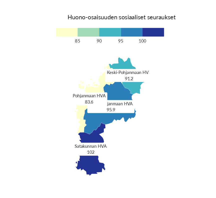 Karttoja ja aikasarjakuvioita huono-osaisuuden eri osoittimista