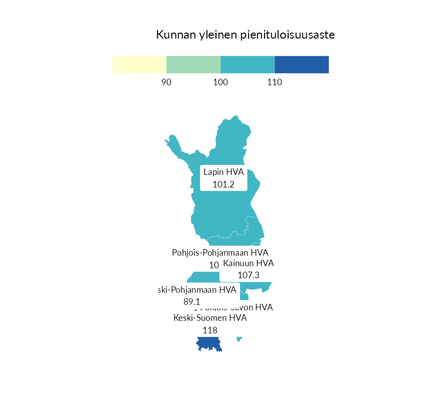 Karttoja ja aikasarjakuvioita huono-osaisuuden eri osoittimista
