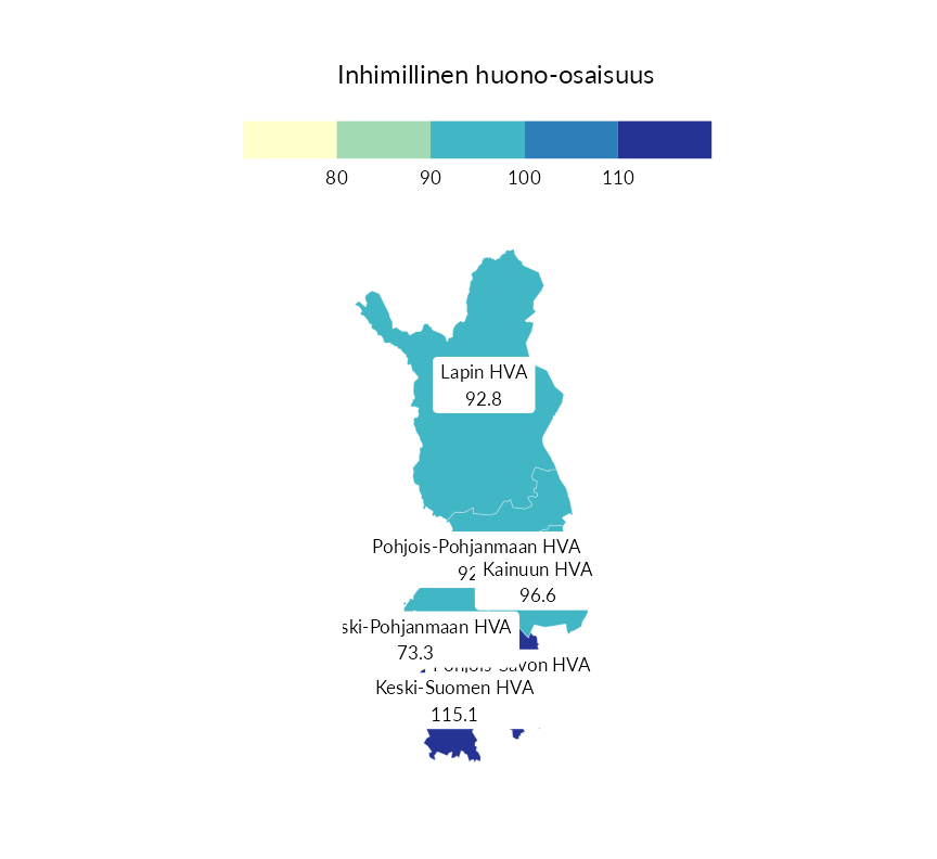 Karttoja ja aikasarjakuvioita huono-osaisuuden eri osoittimista