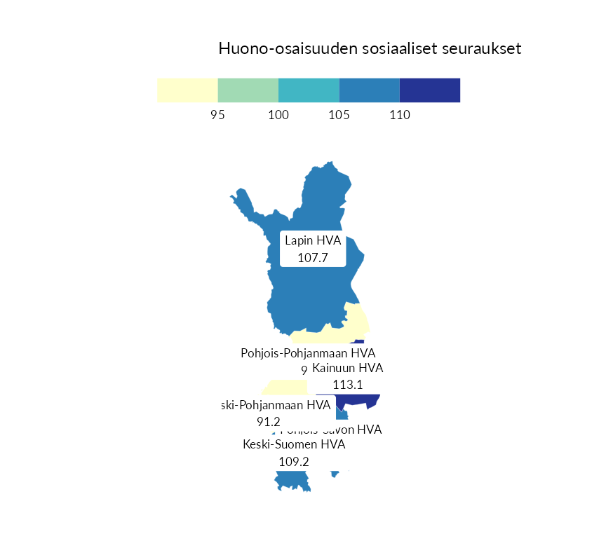 Karttoja ja aikasarjakuvioita huono-osaisuuden eri osoittimista