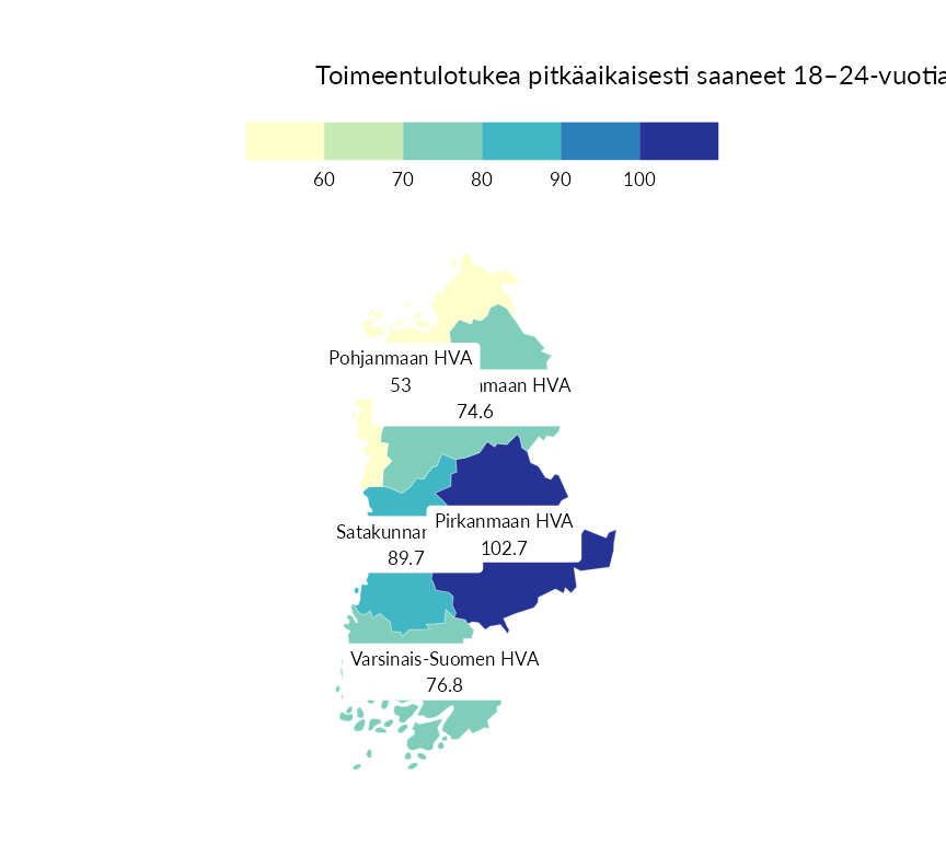 Karttoja ja aikasarjakuvioita huono-osaisuuden eri osoittimista