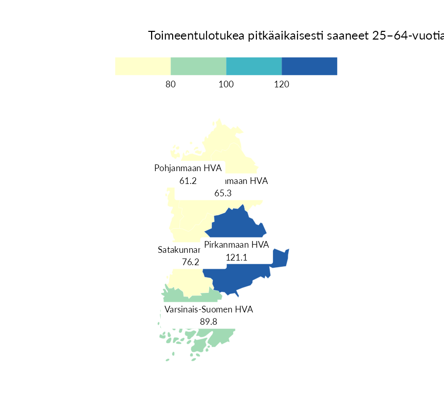 Karttoja ja aikasarjakuvioita huono-osaisuuden eri osoittimista