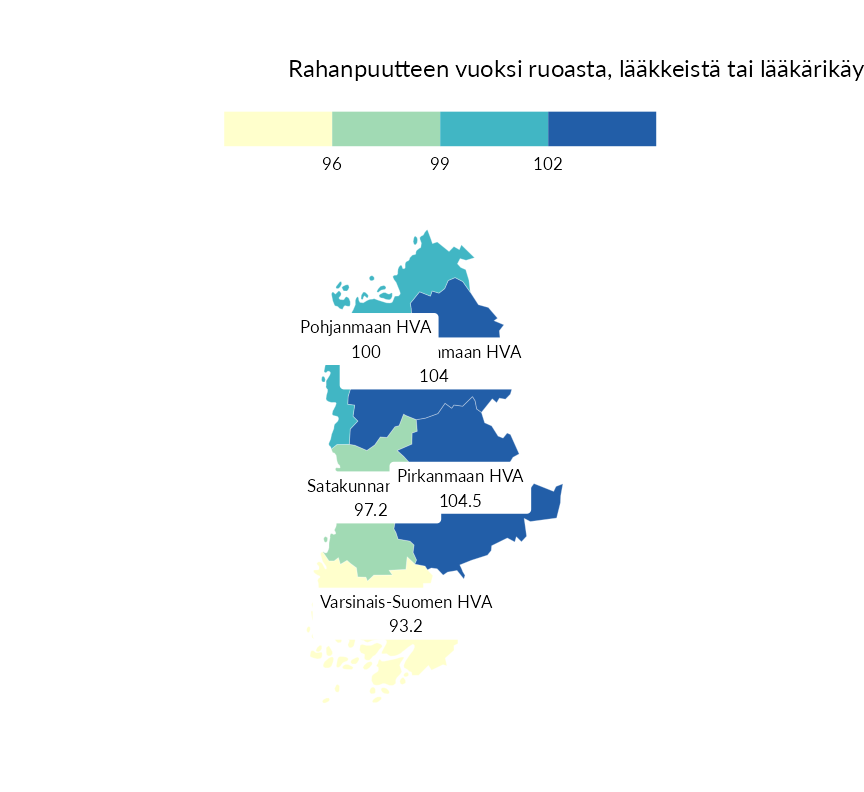 Karttoja ja aikasarjakuvioita huono-osaisuuden eri osoittimista