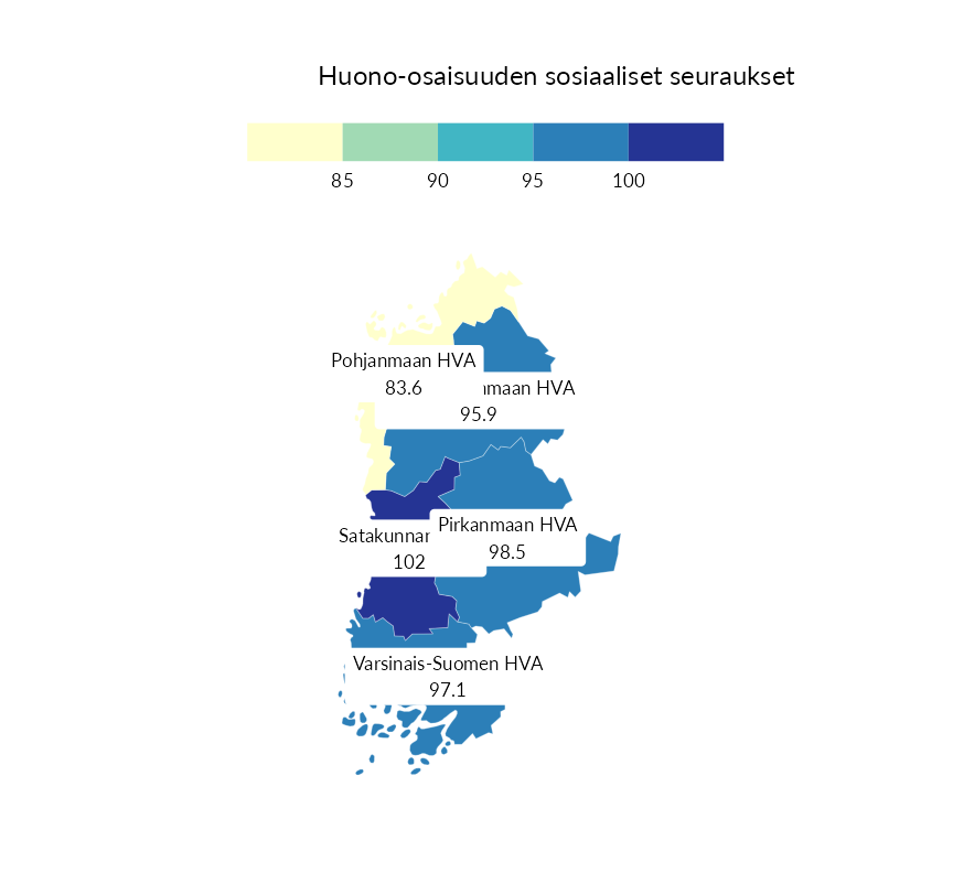 Karttoja ja aikasarjakuvioita huono-osaisuuden eri osoittimista