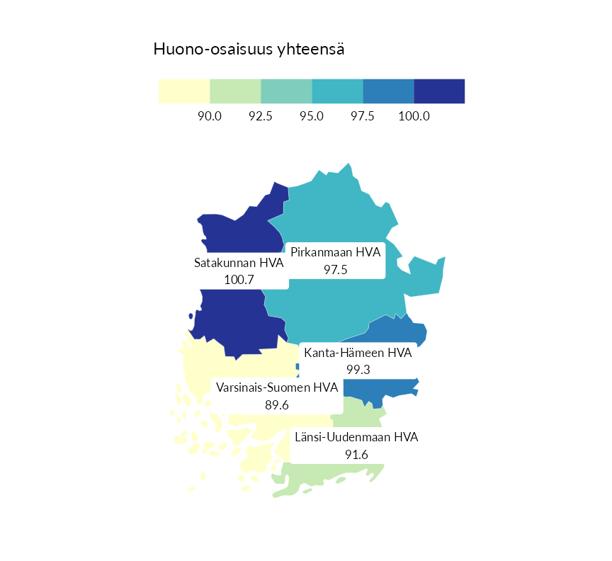 Karttoja ja aikasarjakuvioita huono-osaisuuden eri osoittimista