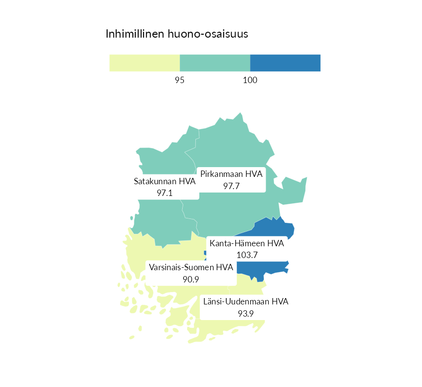 Karttoja ja aikasarjakuvioita huono-osaisuuden eri osoittimista