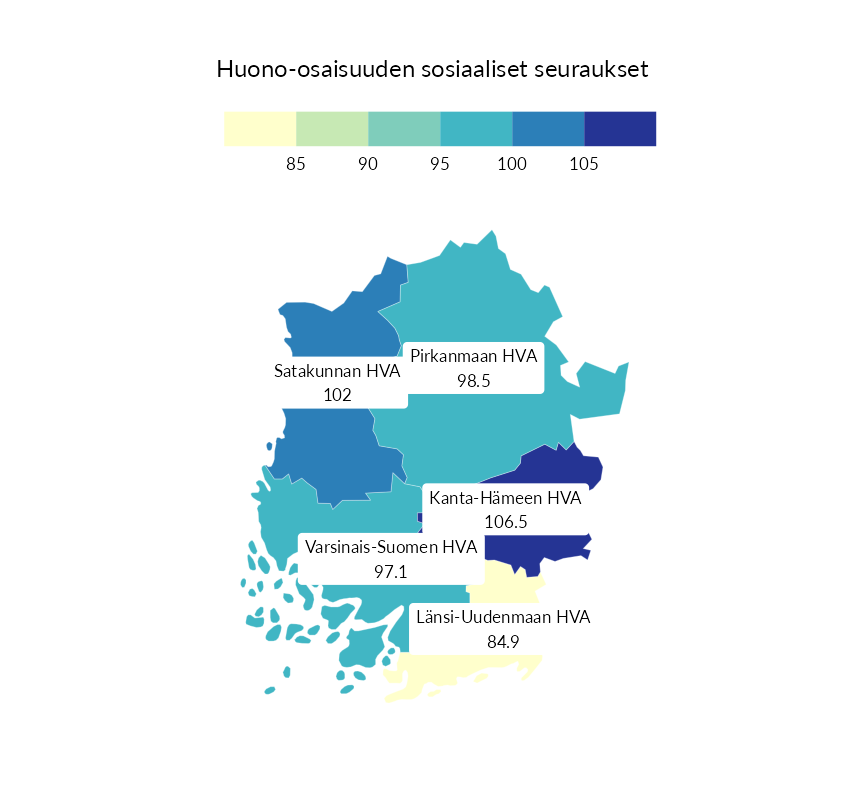 Karttoja ja aikasarjakuvioita huono-osaisuuden eri osoittimista