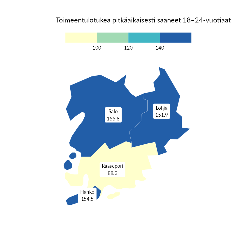 Karttoja ja aikasarjakuvioita huono-osaisuuden eri osoittimista