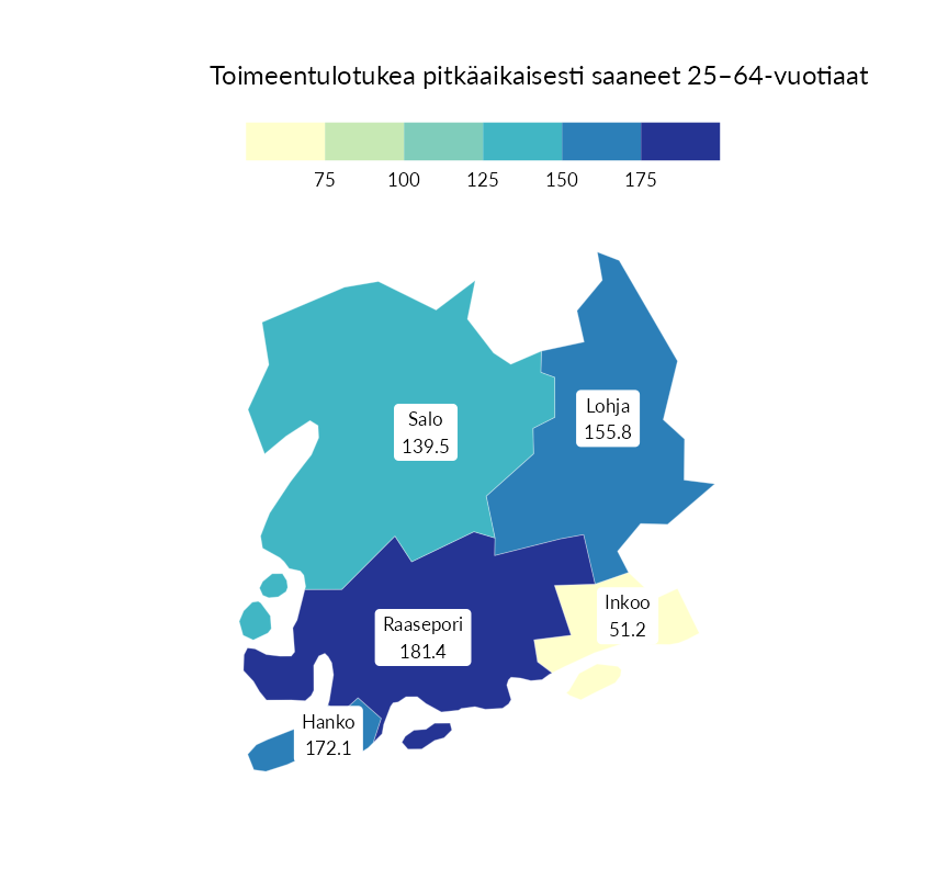 Karttoja ja aikasarjakuvioita huono-osaisuuden eri osoittimista