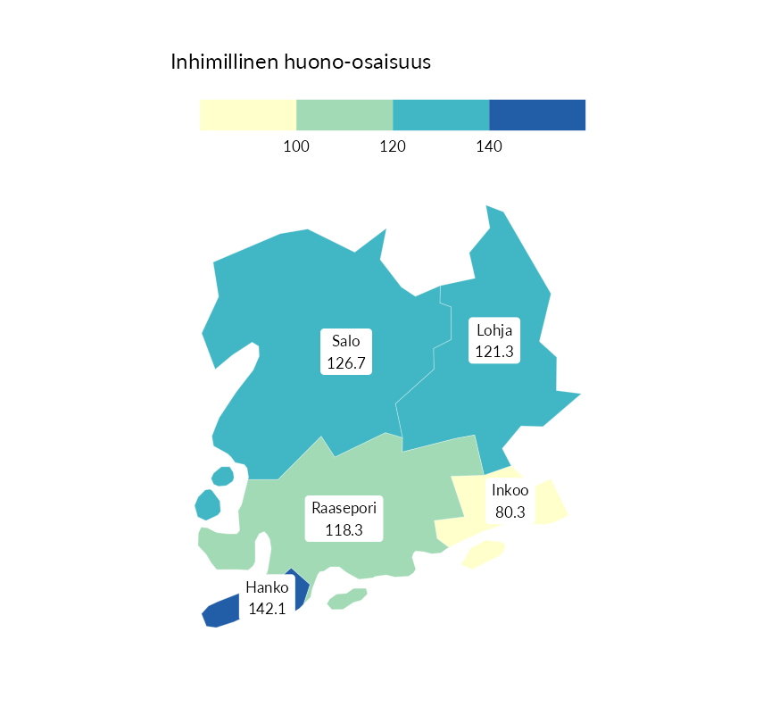 Karttoja ja aikasarjakuvioita huono-osaisuuden eri osoittimista