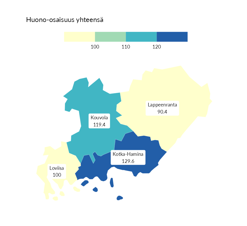 Karttoja ja aikasarjakuvioita huono-osaisuuden eri osoittimista