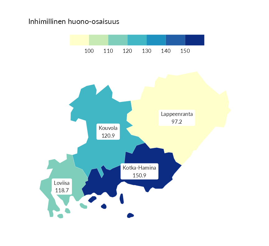 Karttoja ja aikasarjakuvioita huono-osaisuuden eri osoittimista