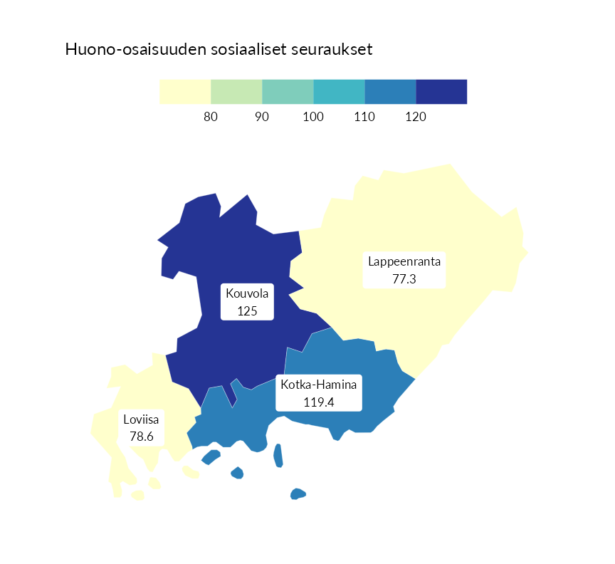 Karttoja ja aikasarjakuvioita huono-osaisuuden eri osoittimista
