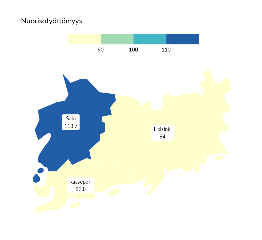 Karttoja ja aikasarjakuvioita huono-osaisuuden eri osoittimista