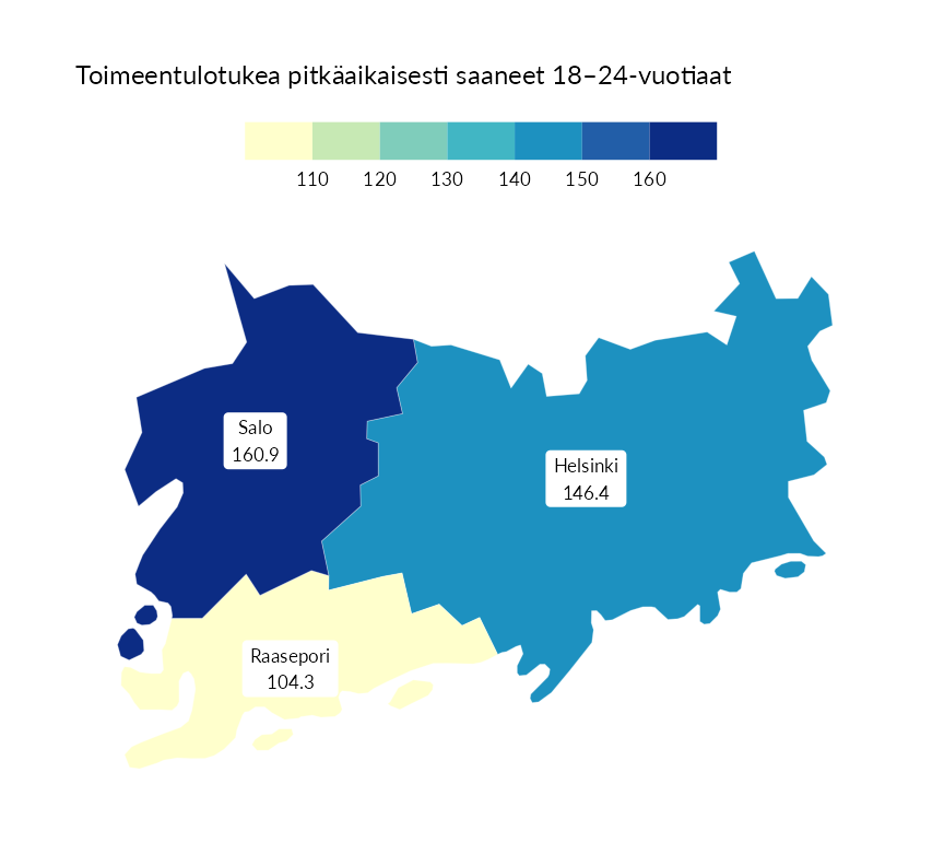 Karttoja ja aikasarjakuvioita huono-osaisuuden eri osoittimista