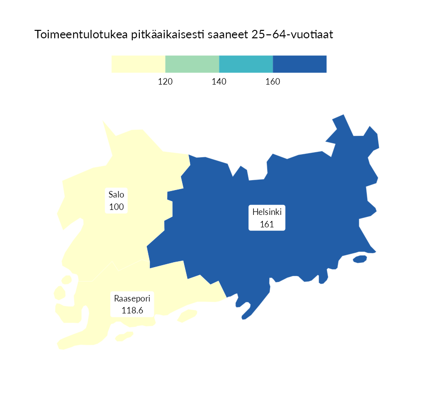 Karttoja ja aikasarjakuvioita huono-osaisuuden eri osoittimista