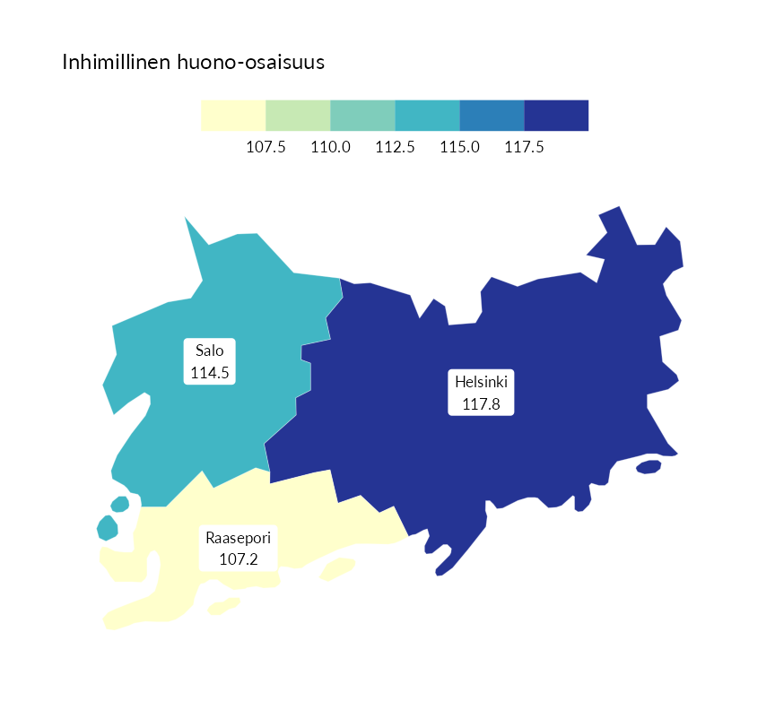 Karttoja ja aikasarjakuvioita huono-osaisuuden eri osoittimista