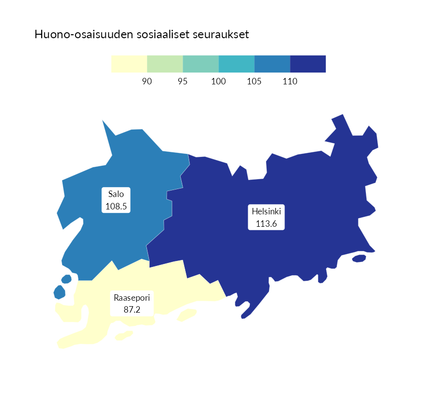 Karttoja ja aikasarjakuvioita huono-osaisuuden eri osoittimista