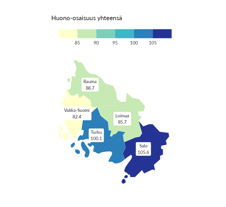Karttoja ja aikasarjakuvioita huono-osaisuuden eri osoittimista