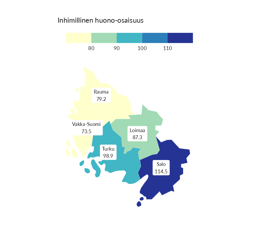 Karttoja ja aikasarjakuvioita huono-osaisuuden eri osoittimista
