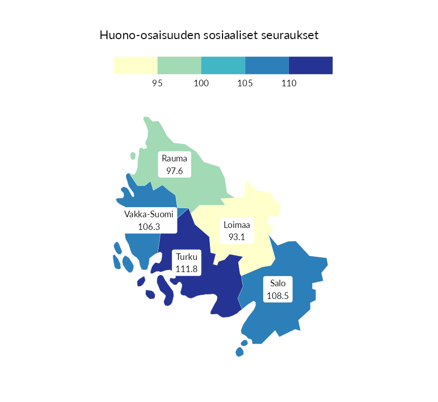Karttoja ja aikasarjakuvioita huono-osaisuuden eri osoittimista