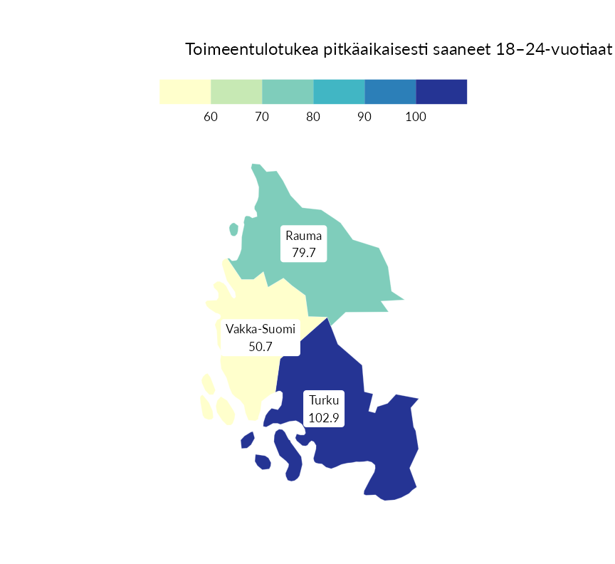 Karttoja ja aikasarjakuvioita huono-osaisuuden eri osoittimista