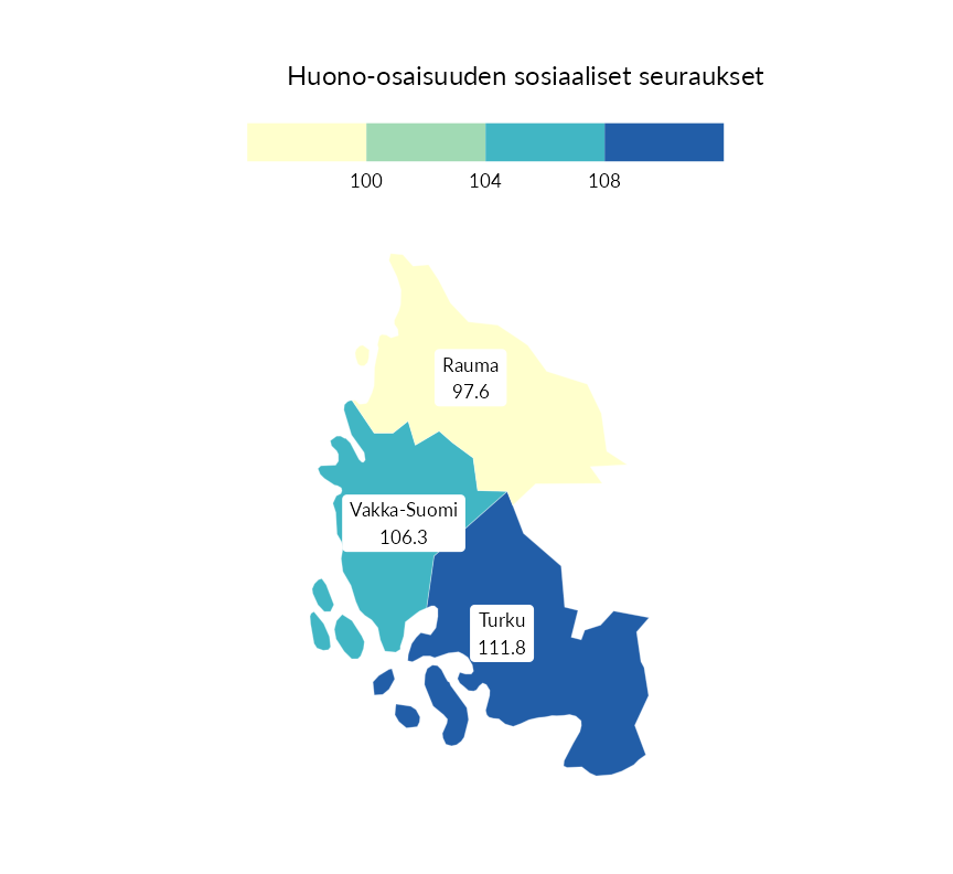 Karttoja ja aikasarjakuvioita huono-osaisuuden eri osoittimista